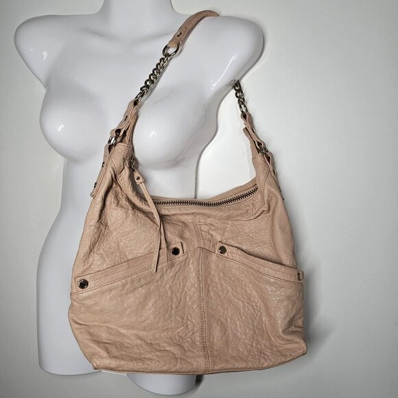 Tre Vero Beige‎ Leather Shoulder Bag Tan Chain Strap Pockets 10"x13.5" - Picture 1 of 14